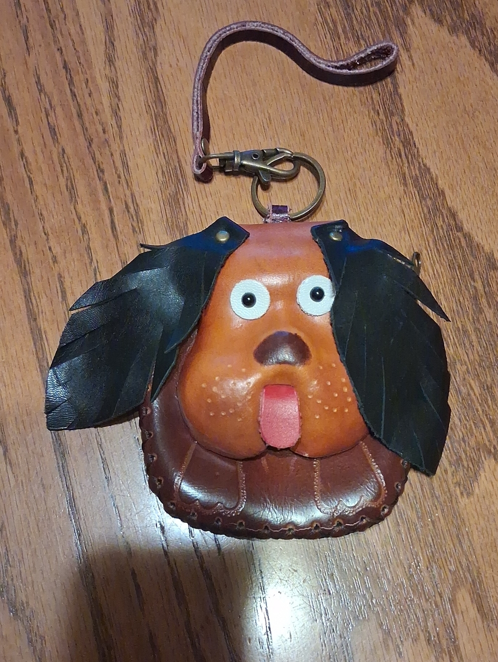 Leather Dog Face Coin Pouch Keychain/wristlet - Brown